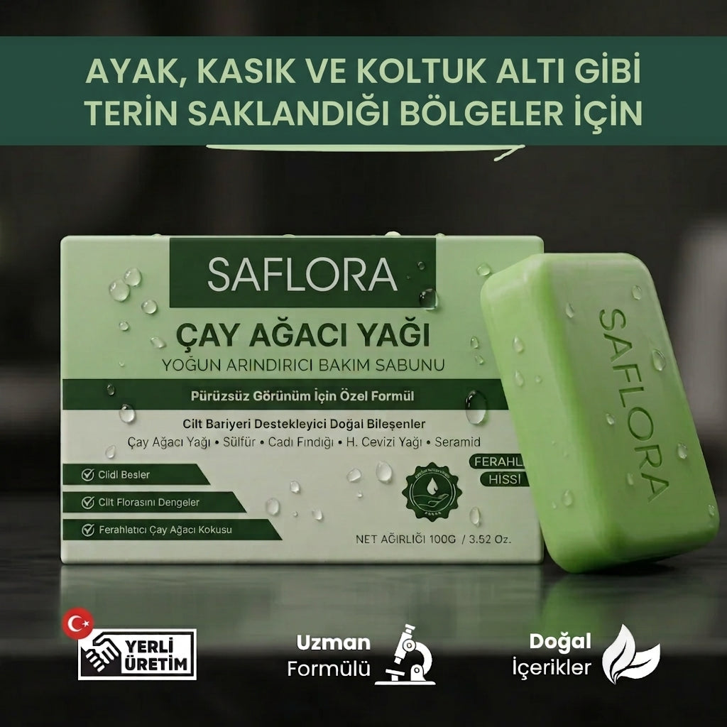 SAFLORA® Arındırıcı Bakım Sabunu – Çay Ağacı, Okaliptüs ve Kükürt
